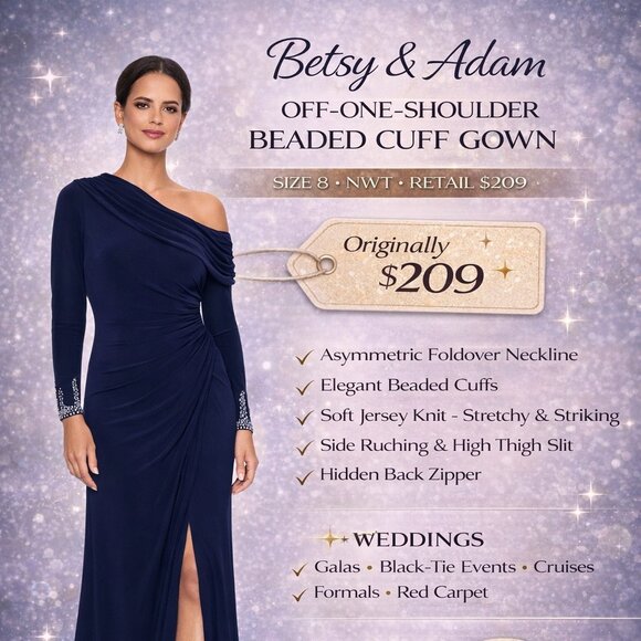 Betsy & Adam Dresses & Skirts - Betsy & Adam Navy Off-Shoulder Beaded Cuff Gown NWT Size 8 – Formal Dress